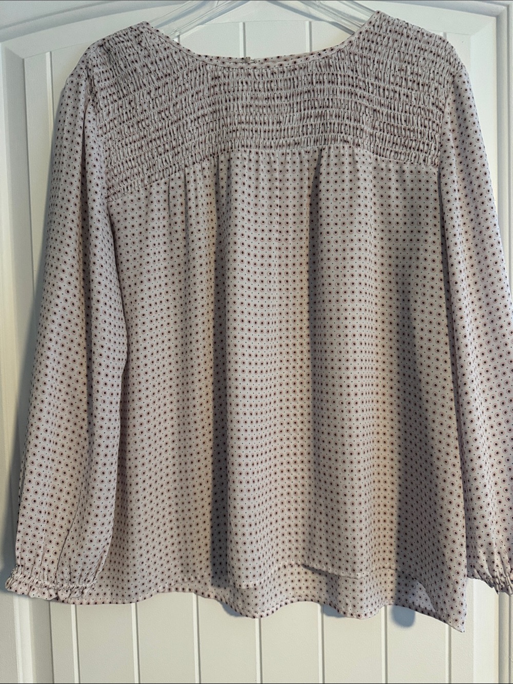 LOFT Light Gray Dotted and pink Smocked-Yoke Long Sleeve Blouse